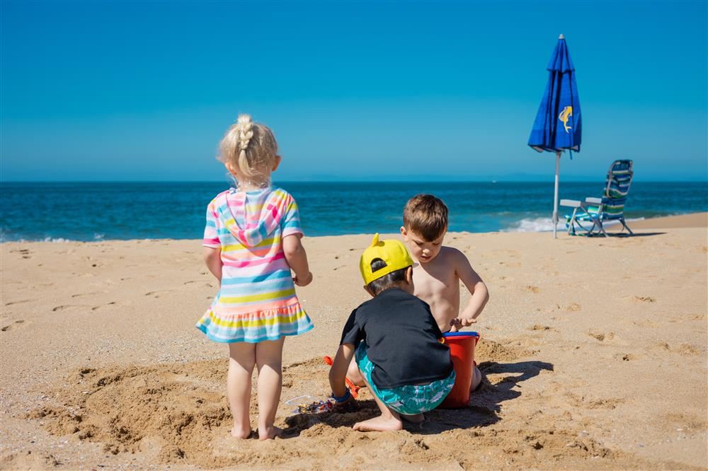  girl and two boys at beach in the sand with buckets and water in the background 